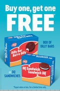Dairy Queen Buy one get one free: Box of Dilly Bars or DQ Sandwiches (Dec. 31-Jan 27)