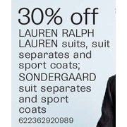Lauren Ralph Lauren Suits, Suit Separates and Sport Coats; Sindergaard Suit Separates and Sport Coats - 30% off