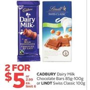 Cadbury Dairy Milk Chocolate Bars Or Lindt Swiss Classic - 2/$5.00
